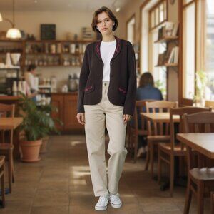 Pendleton Petite Womens Embroidered Merino Wool Cardigan Sweater Brown With Pink